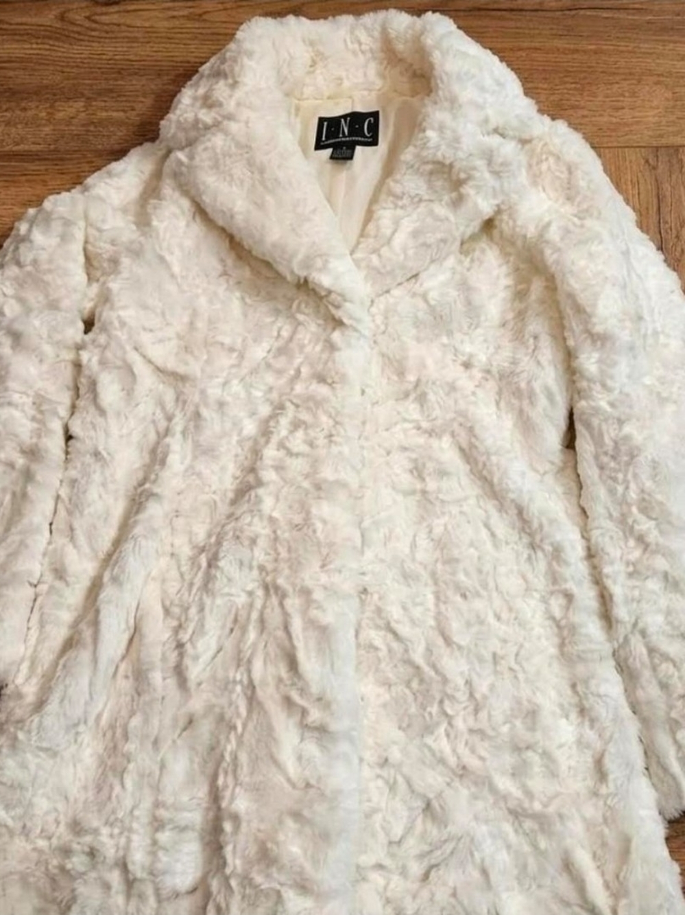 INC International Concepts Off-White Faux Fur Coat